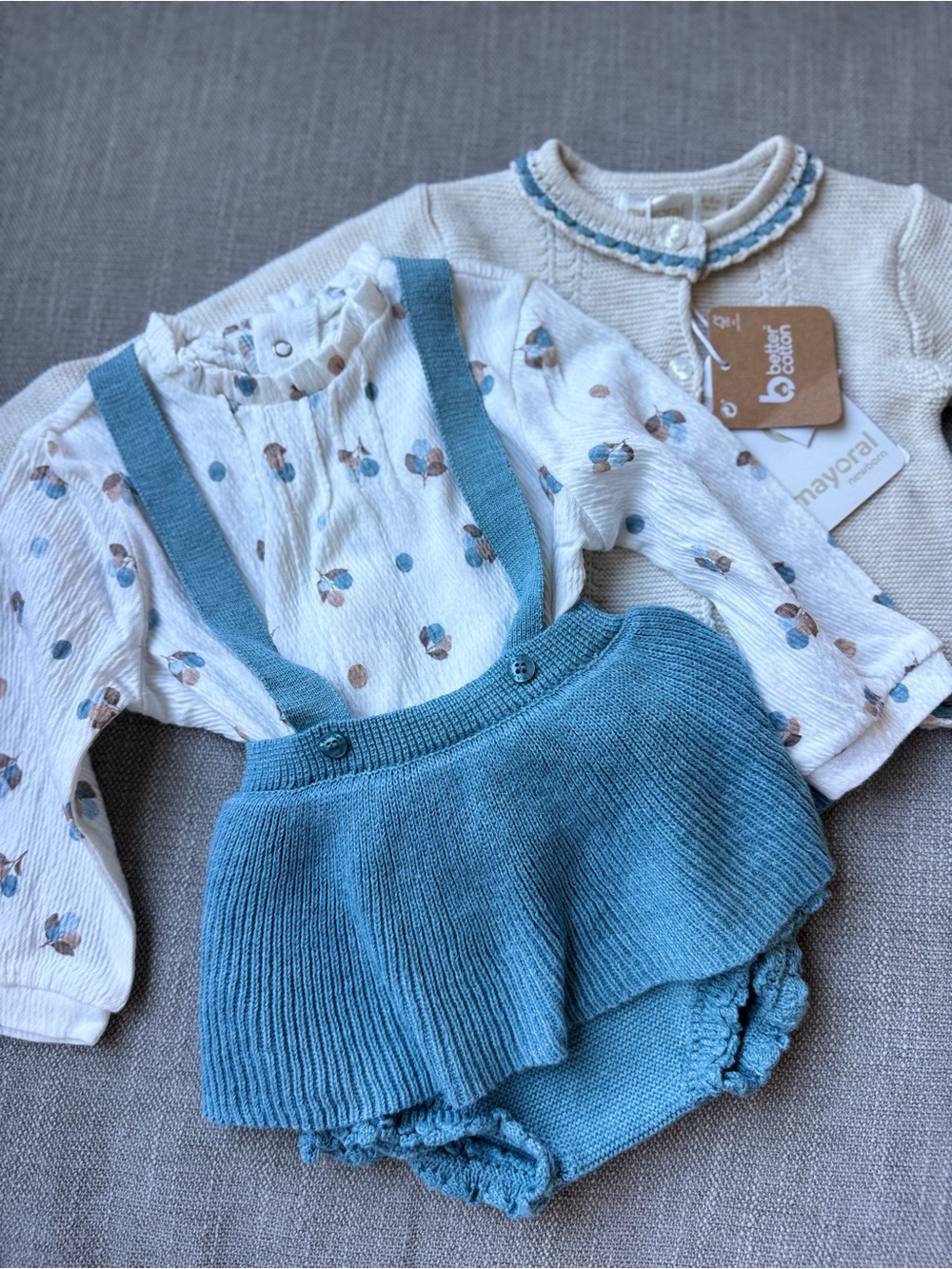 Mayoral Blue Knit Suspender Skirt Floral Top and Sweater Set